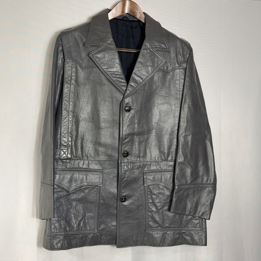 Pioneer Wear Leather Safari Jacket Western Yoke Button Front Grey Mens Size 50